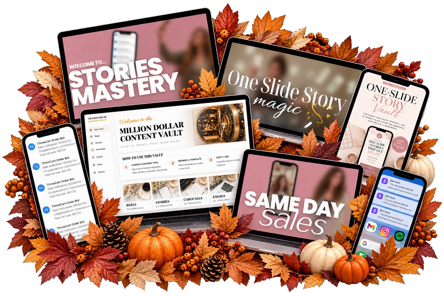 Fall Festival bundle: four programs on laptop and phone screens, framed by autumn leaves and pumpkins